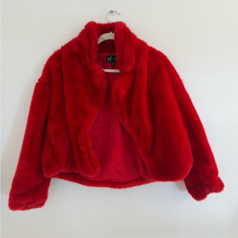 Zara Candy Apple Red Faux Fur Puffer Jacket